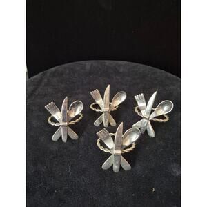 Set 4 Vintage Brass Knife Fork Spoon Theme Napkin Rings Holders Picnic Party